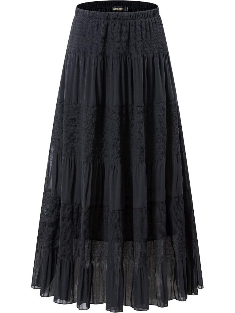 Women's Black Chiffon Elastic High Waisted Pleated Flared A-Line Long Skirt